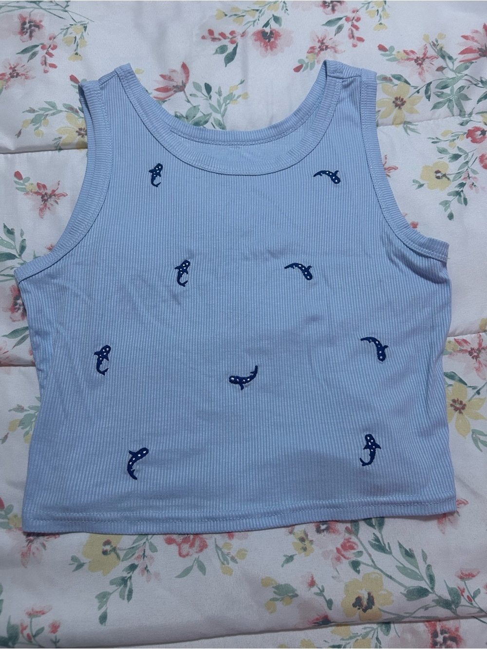 Light Blue Ribbed Tank Top with Small Navy Accent